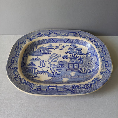 LARGE ironstone meat platter marked Staffordshire, blue and white ironstone, willow pattern, turkey platter, willow ware