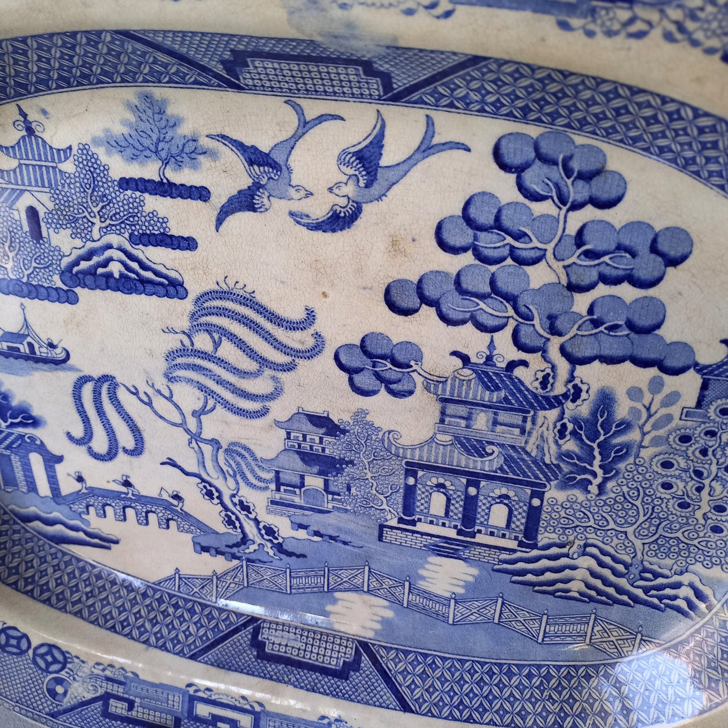 LARGE ironstone meat platter marked Staffordshire, blue and white ironstone, willow pattern, turkey platter, willow ware