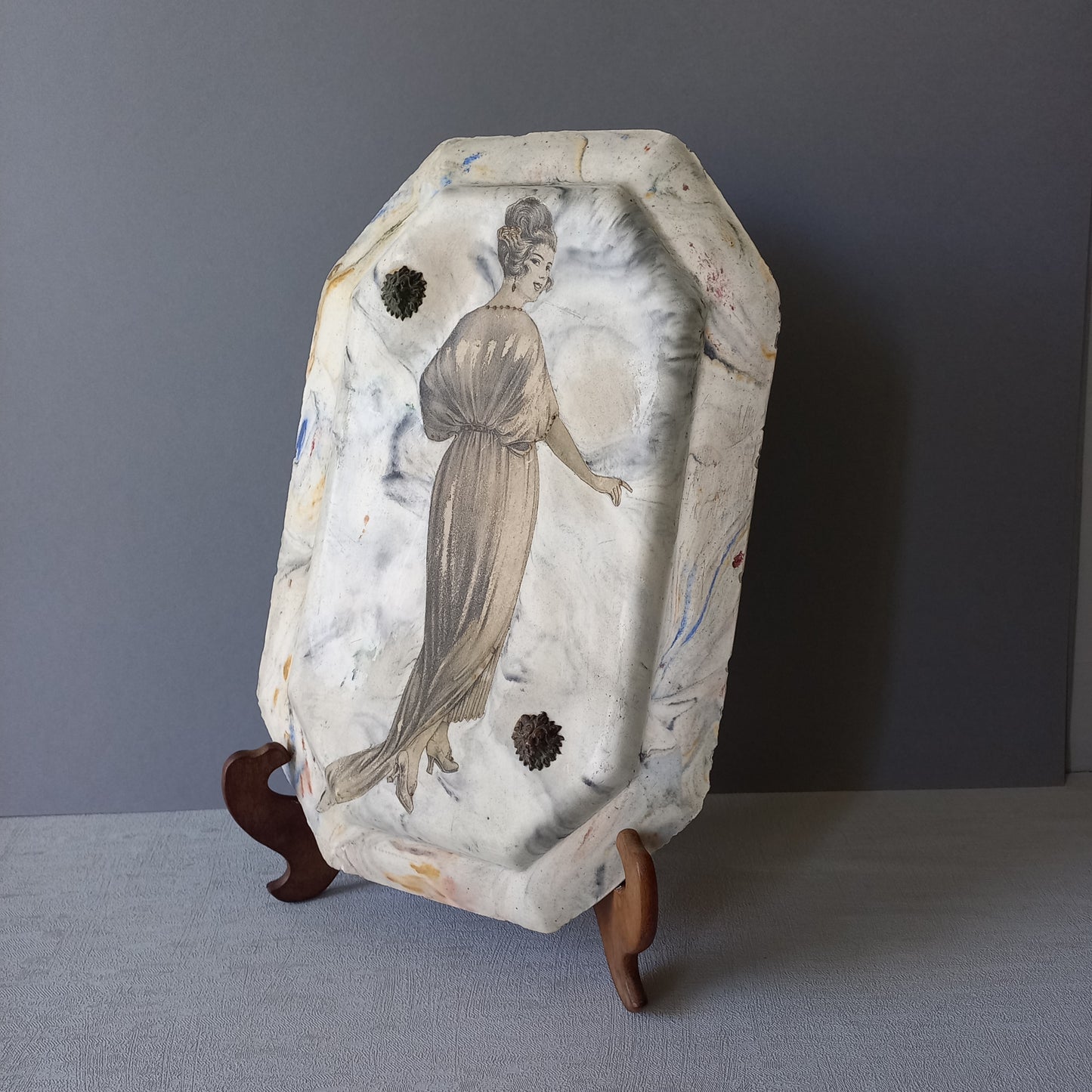 Vintage Art Nouveau Wall Art Woman in Period Dress with Hand-Painted Details