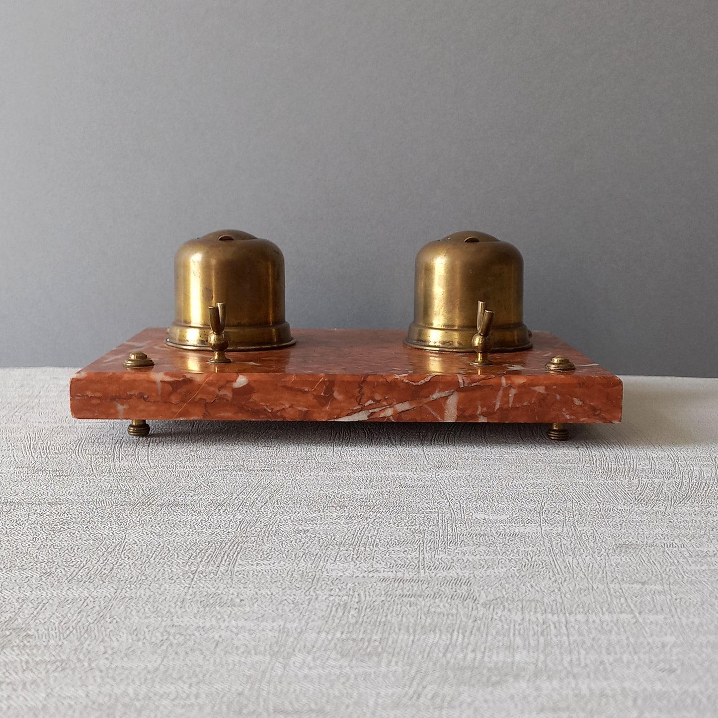 Vintage double brass inkwell and pen rest with marble base, French art deco desk decor