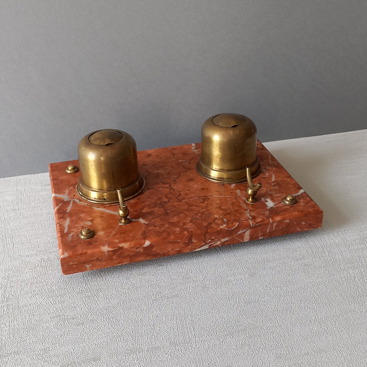 Vintage double brass inkwell and pen rest with marble base, French art deco desk decor