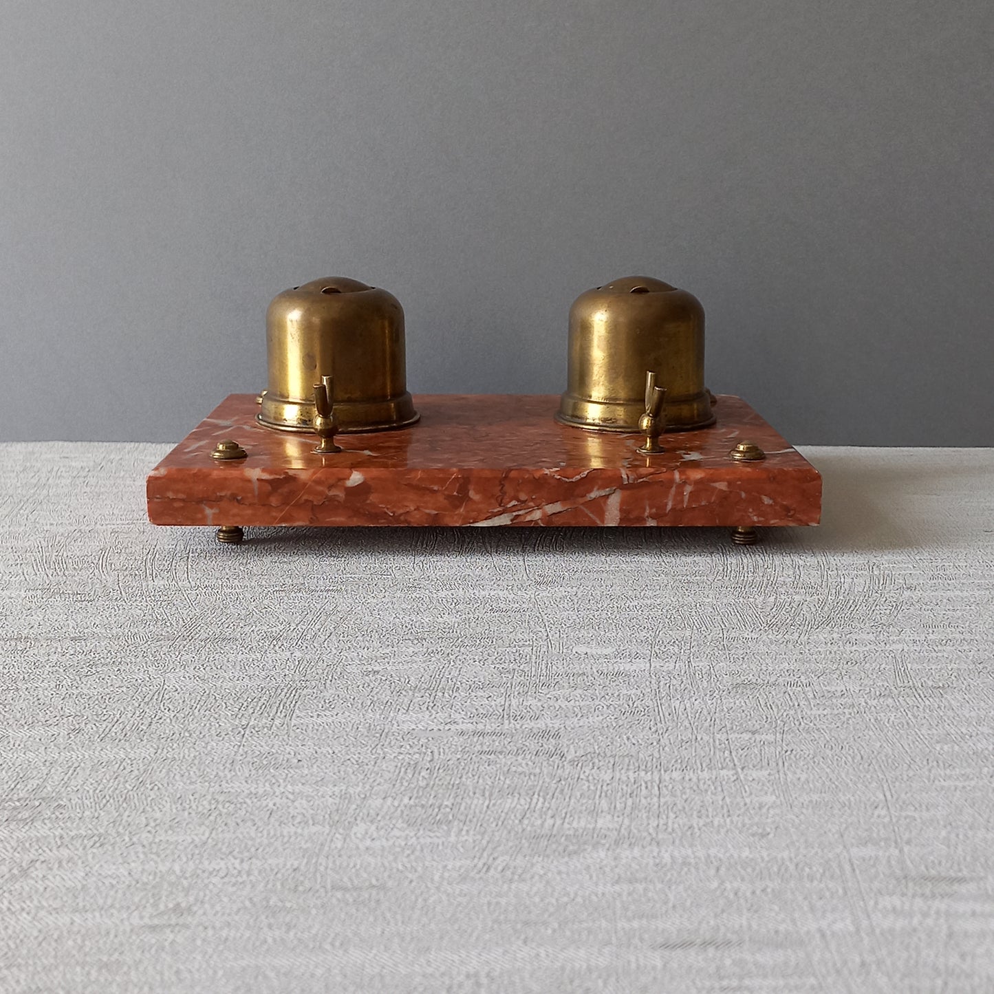 Vintage double brass inkwell and pen rest with marble base, French art deco desk decor