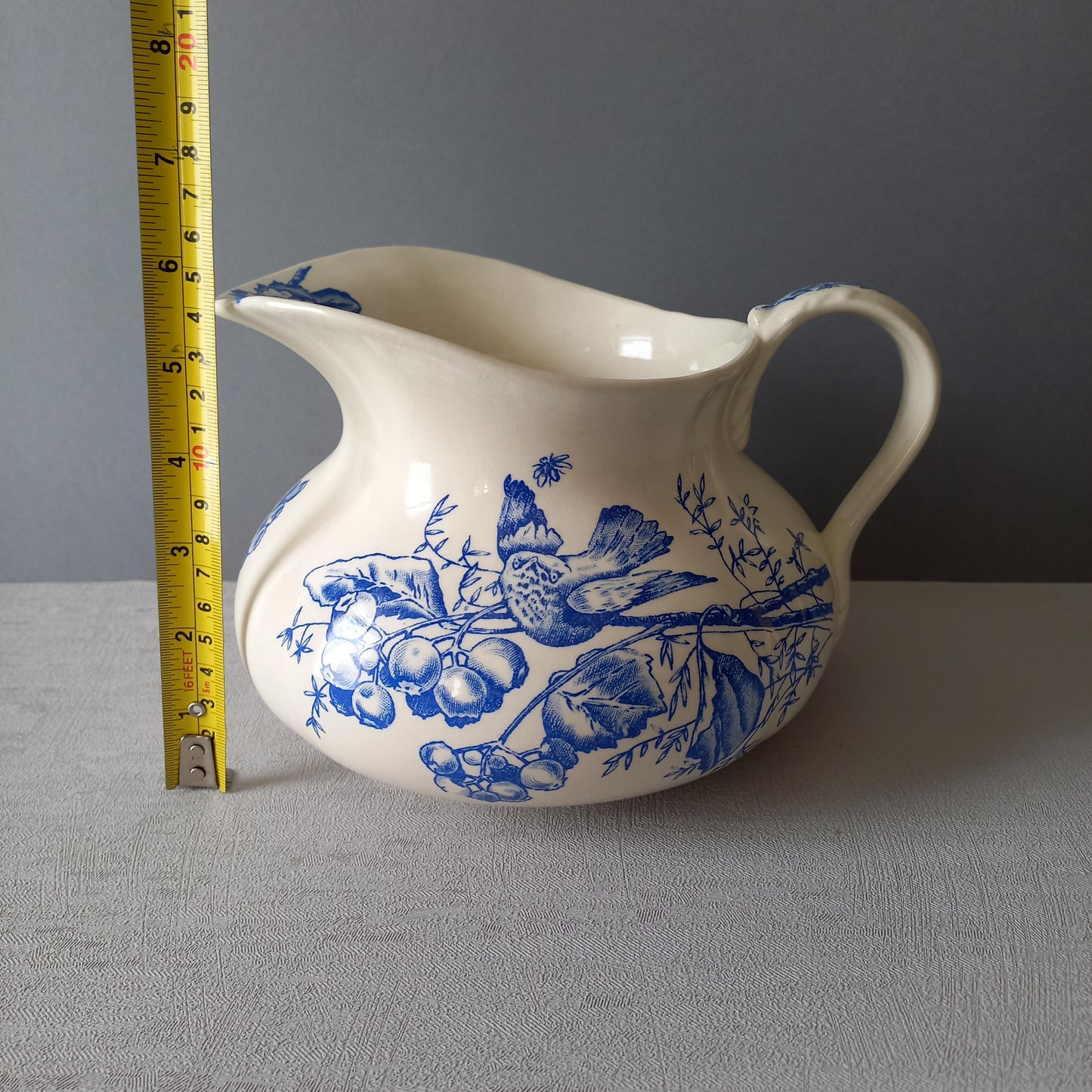 Antique ironstone jug/pitcher, white jug with blue bird and floral transfer pattern, bathroom and kitchen decor