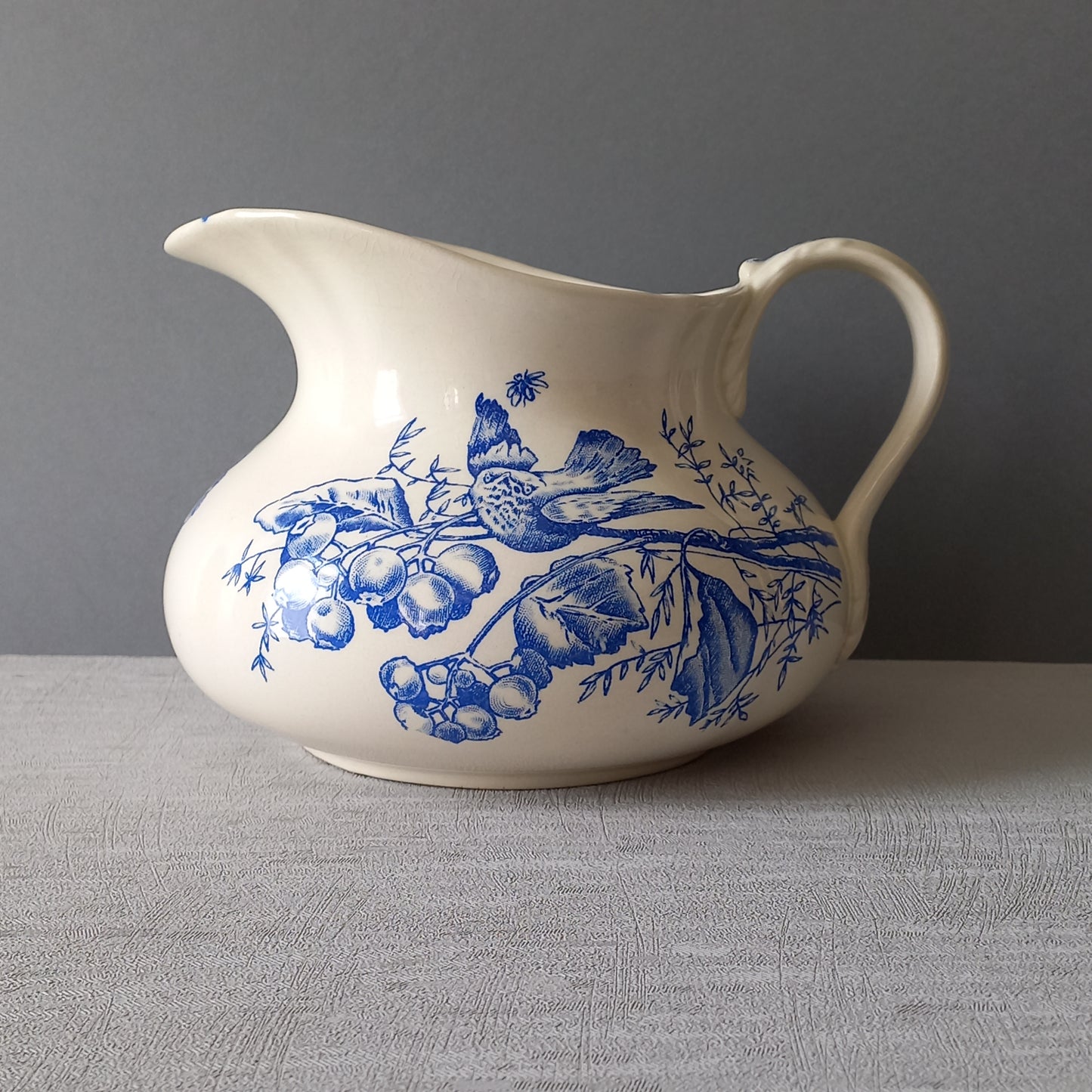 Antique ironstone jug/pitcher, white jug with blue bird and floral transfer pattern, bathroom and kitchen decor