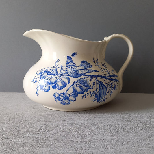 Antique ironstone jug/pitcher, white jug with blue bird and floral transfer pattern, bathroom and kitchen decor