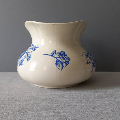 Antique ironstone jug/pitcher, white jug with blue bird and floral transfer pattern, bathroom and kitchen decor