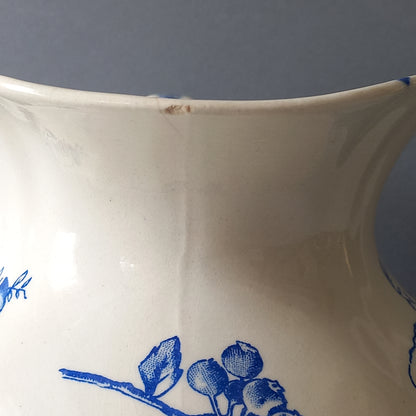 Antique ironstone jug/pitcher, white jug with blue bird and floral transfer pattern, bathroom and kitchen decor