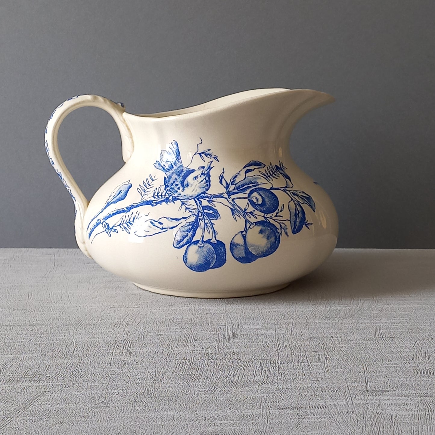 Antique ironstone jug/pitcher, white jug with blue bird and floral transfer pattern, bathroom and kitchen decor