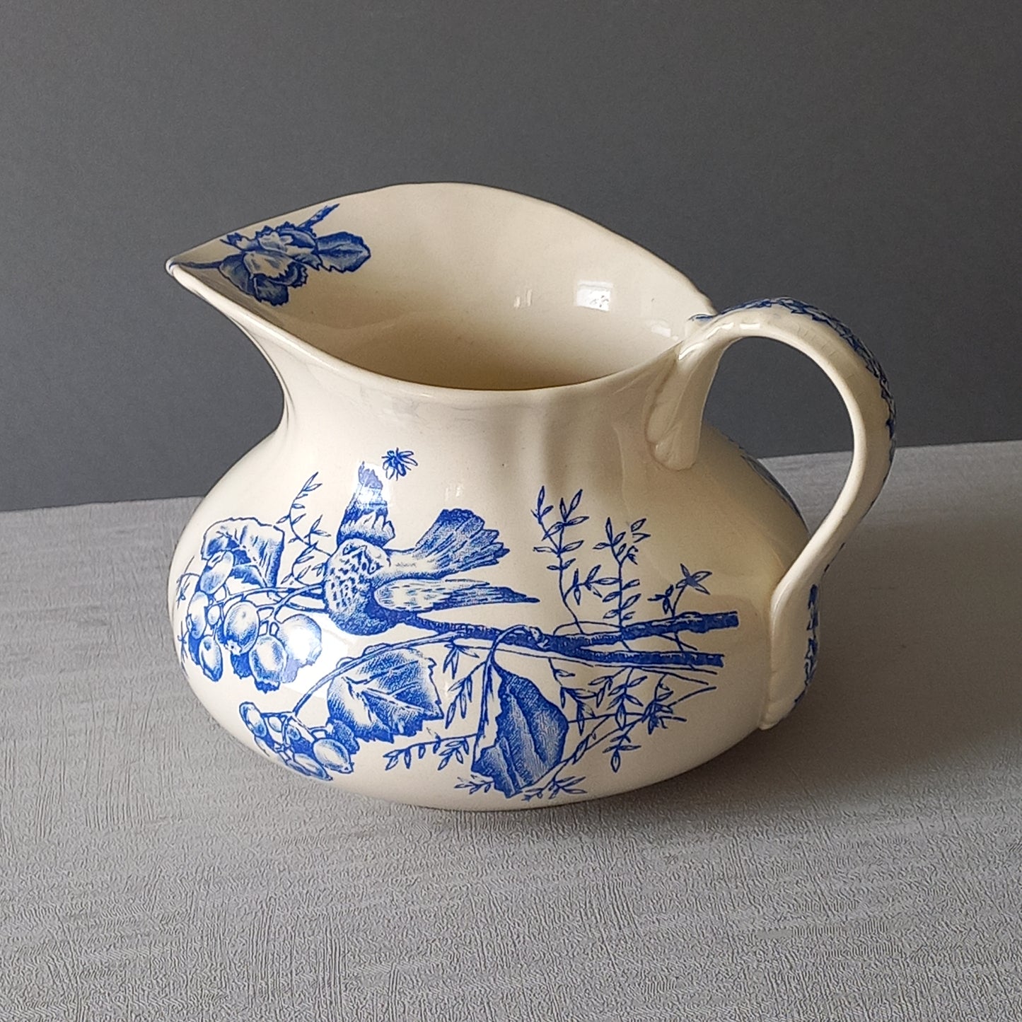 Antique ironstone jug/pitcher, white jug with blue bird and floral transfer pattern, bathroom and kitchen decor