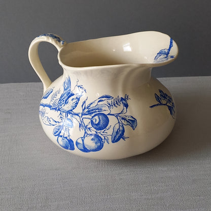 Antique ironstone jug/pitcher, white jug with blue bird and floral transfer pattern, bathroom and kitchen decor