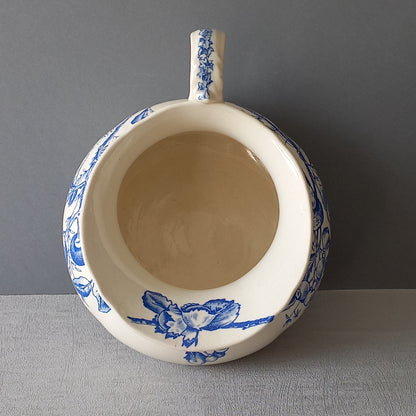 Antique ironstone jug/pitcher, white jug with blue bird and floral transfer pattern, bathroom and kitchen decor