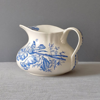 Antique ironstone jug/pitcher, white jug with blue bird and floral transfer pattern, bathroom and kitchen decor