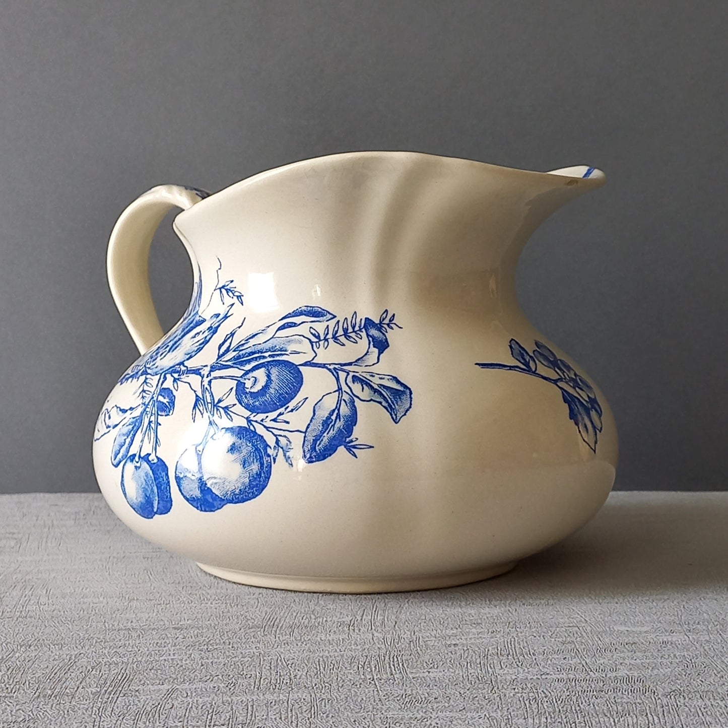 Antique ironstone jug/pitcher, white jug with blue bird and floral transfer pattern, bathroom and kitchen decor