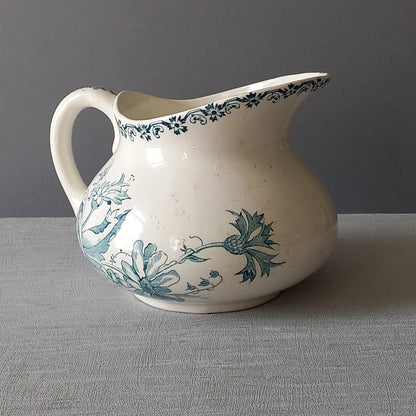 Antique ironstone pitcher with teal floral pattern, french ironstone jug, country home and farmhouse decor