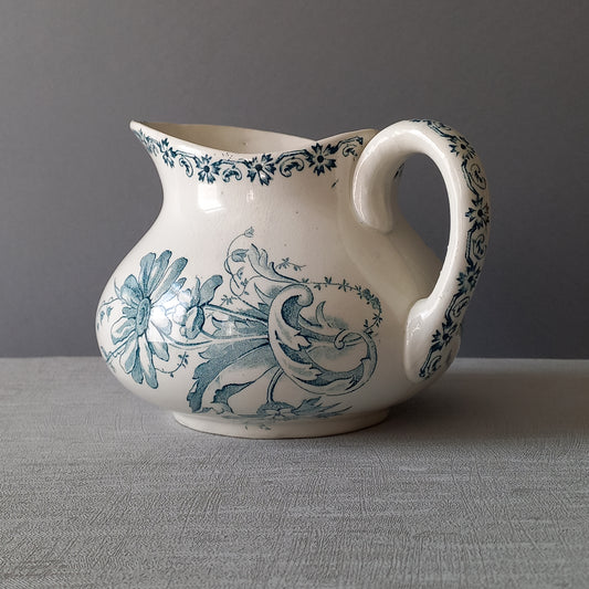 Antique ironstone pitcher with teal floral pattern, french ironstone jug, country home and farmhouse decor