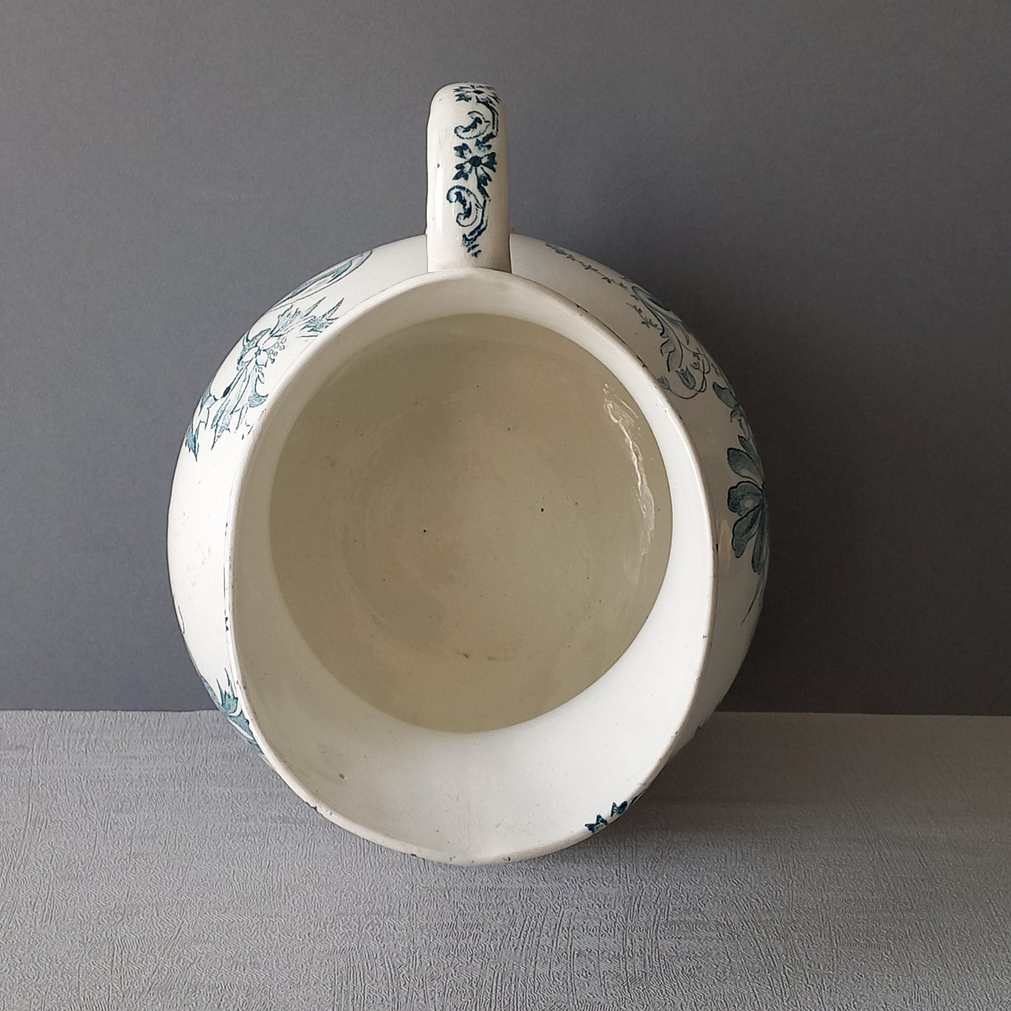 Antique ironstone pitcher with teal floral pattern, french ironstone jug, country home and farmhouse decor