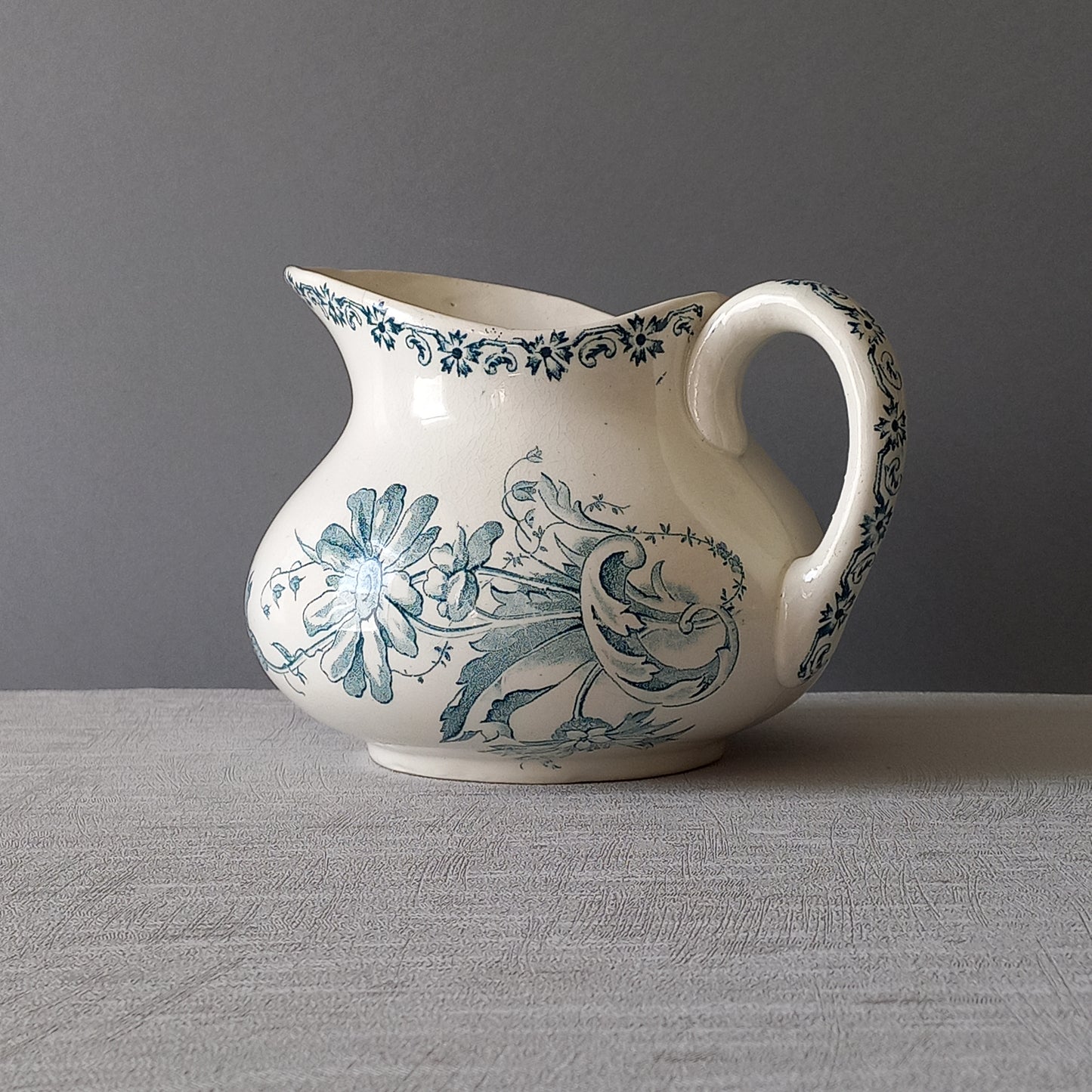 Antique ironstone pitcher with teal floral pattern, french ironstone jug, country home and farmhouse decor