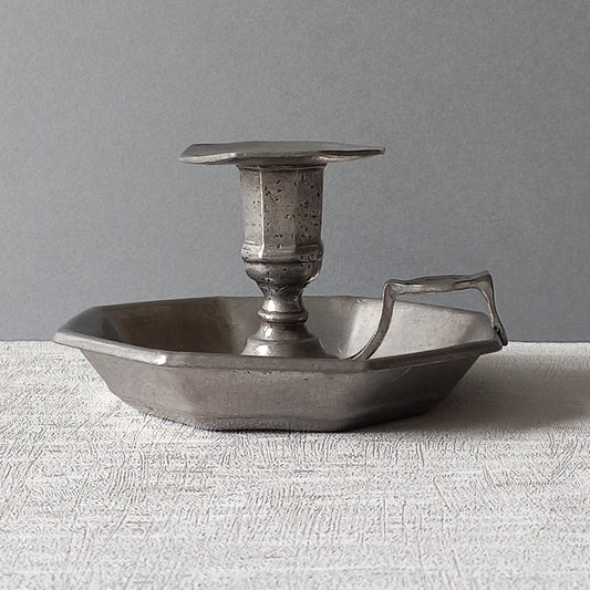 French vintage pewter candle holder, art deco style chamber stick