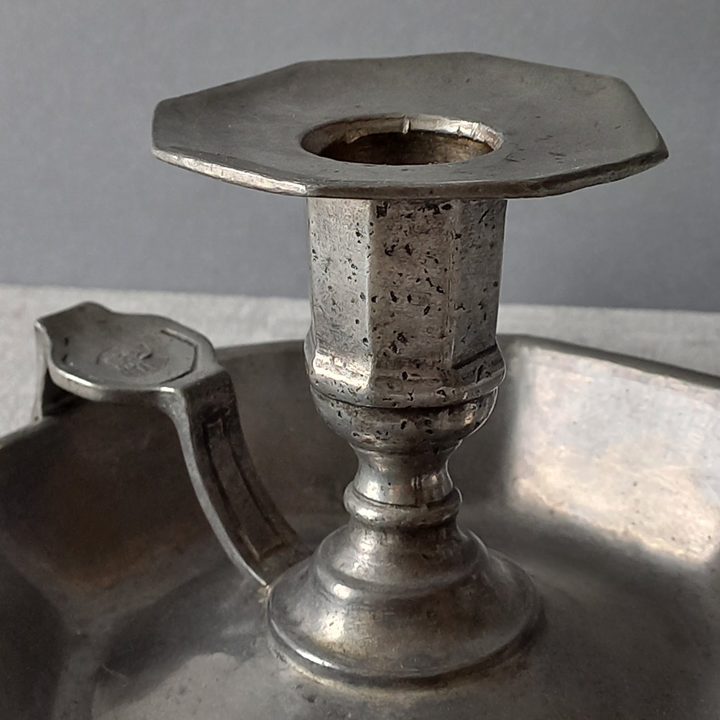 French vintage pewter candle holder, art deco style chamber stick