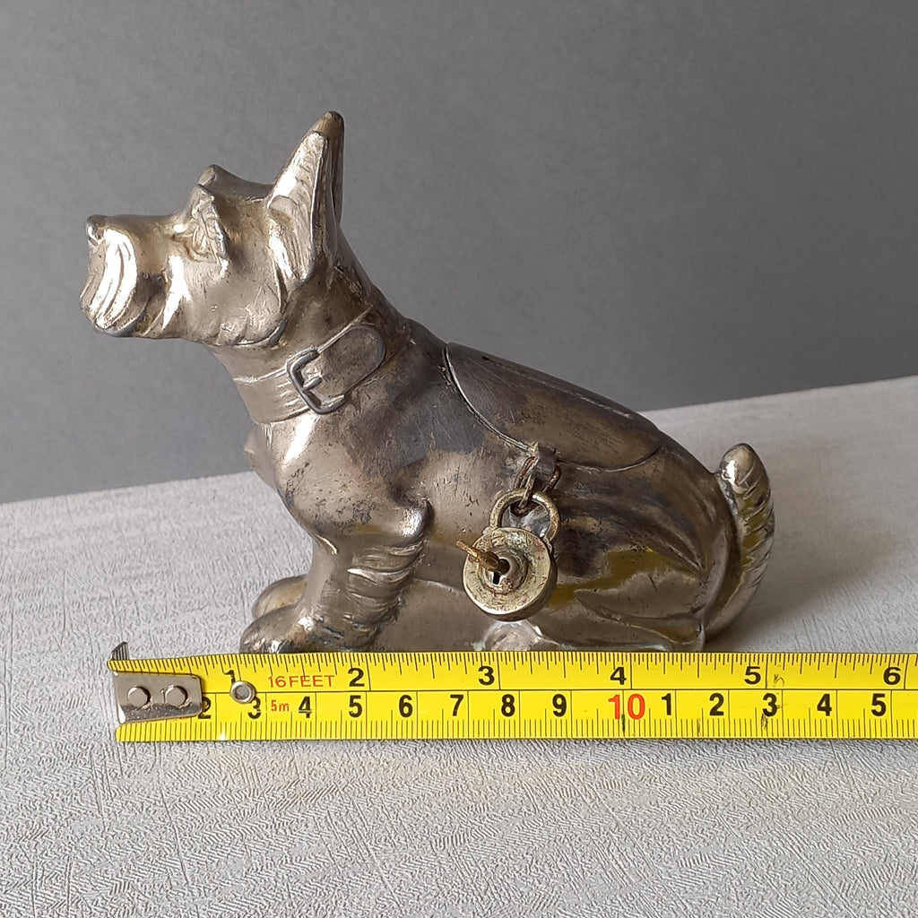 A fabulous French art deco metal terrier dog money box/coin storage box complete with a little padlock and key which still work. 

This unique piece of history was purchased in south west France and we can only imagine who once owned it and what they might have saved their coins to buy.
