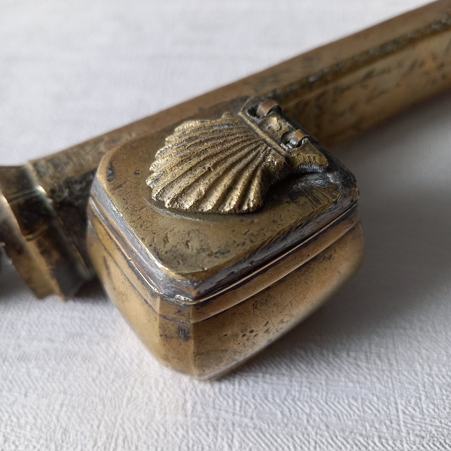 Antique brass inkwell and quill case, French traveling inkwell and quill storage, desk and shelve decor