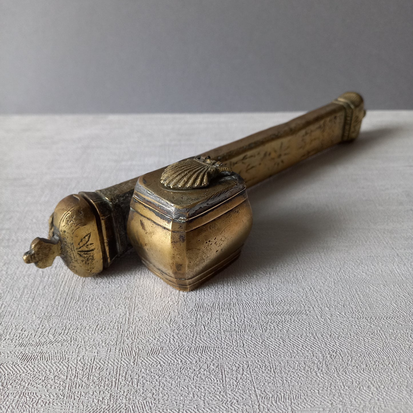 Antique brass inkwell and quill case, French traveling inkwell and quill storage, desk and shelve decor