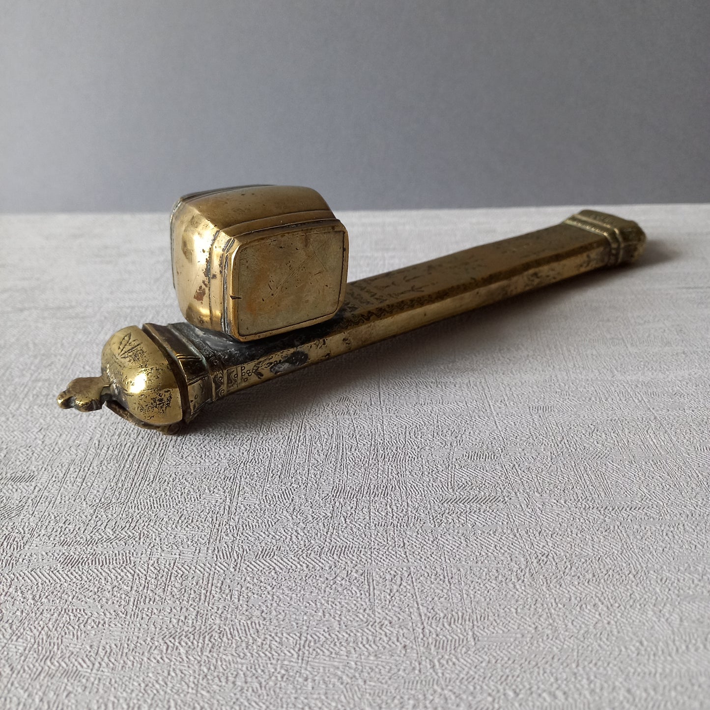 Antique brass inkwell and quill case, French traveling inkwell and quill storage, desk and shelve decor