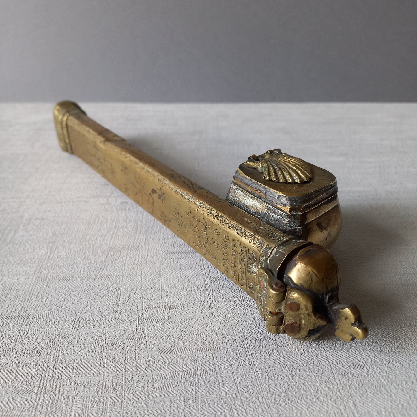 Antique brass inkwell and quill case, French traveling inkwell and quill storage, desk and shelve decor