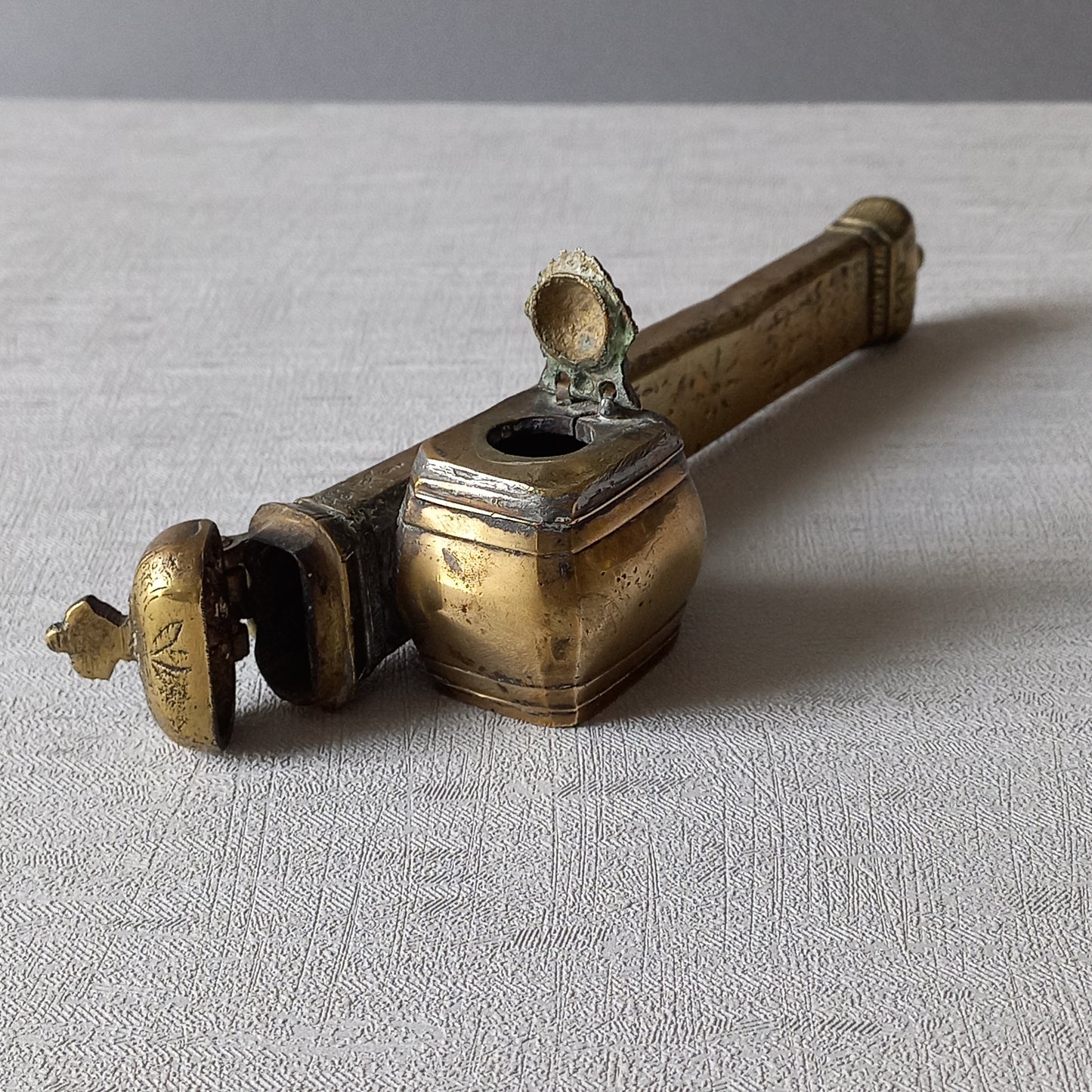 Antique brass inkwell and quill case, French traveling inkwell and quill storage, desk and shelve decor