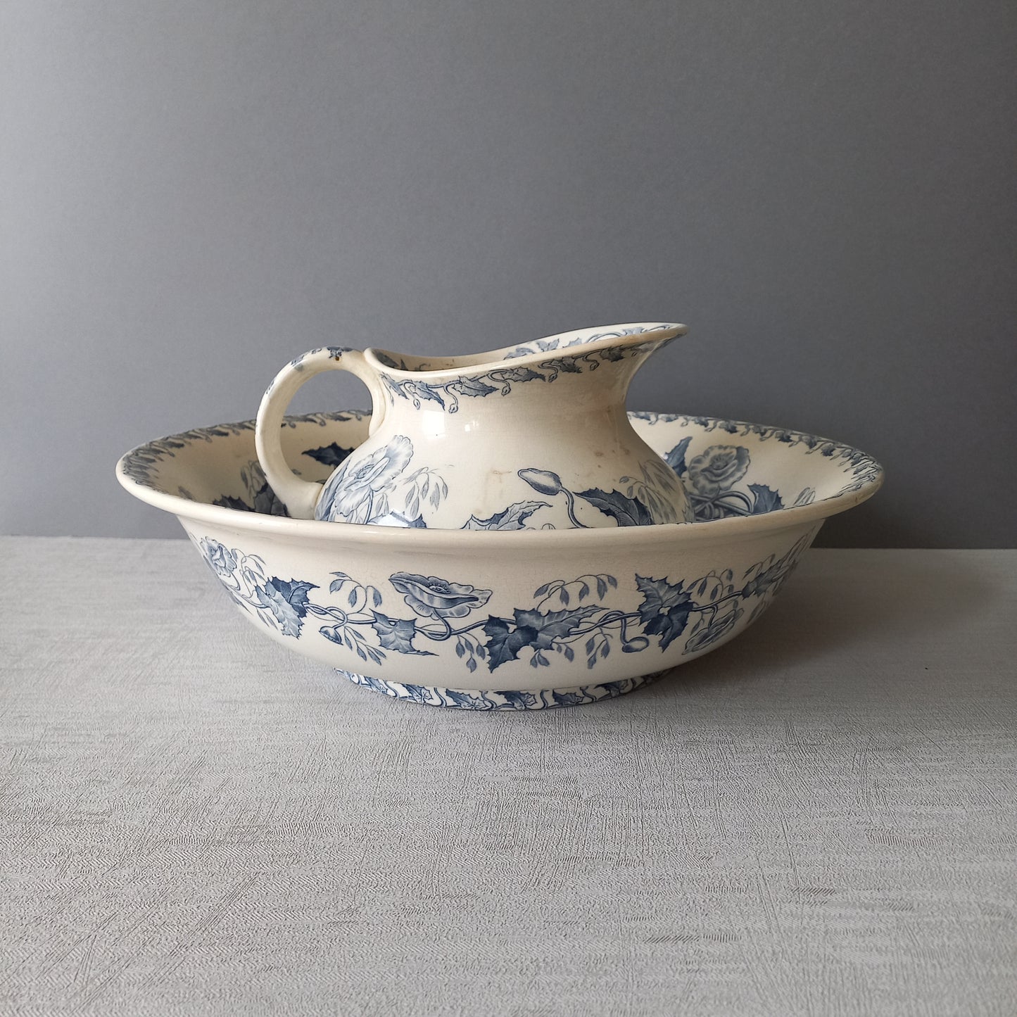 French antique ironstone pitcher and bowl wash set with blue floral pattern, Sarreguemines jug and bowl