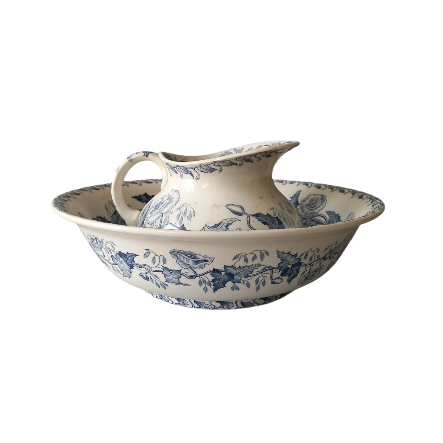 French antique ironstone pitcher and bowl wash set with blue floral pattern, Sarreguemines jug and bowl