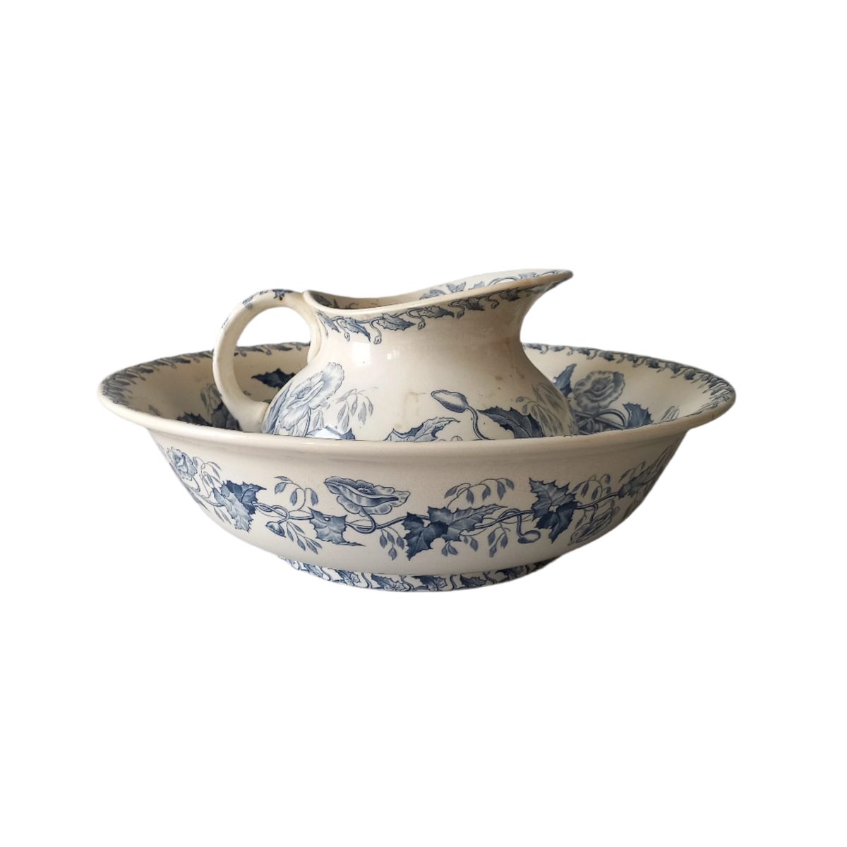 French antique ironstone pitcher and bowl wash set with blue floral pattern, Sarreguemines jug and bowl