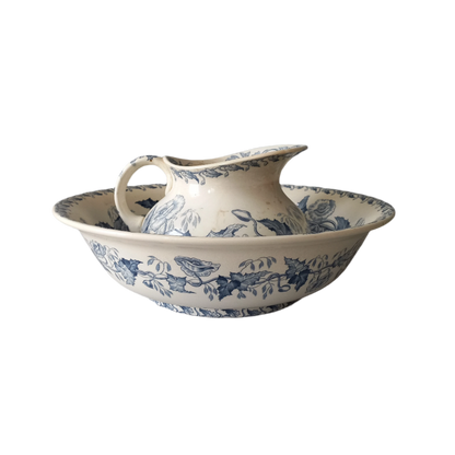 French antique ironstone pitcher and bowl wash set with blue floral pattern, Sarreguemines jug and bowl