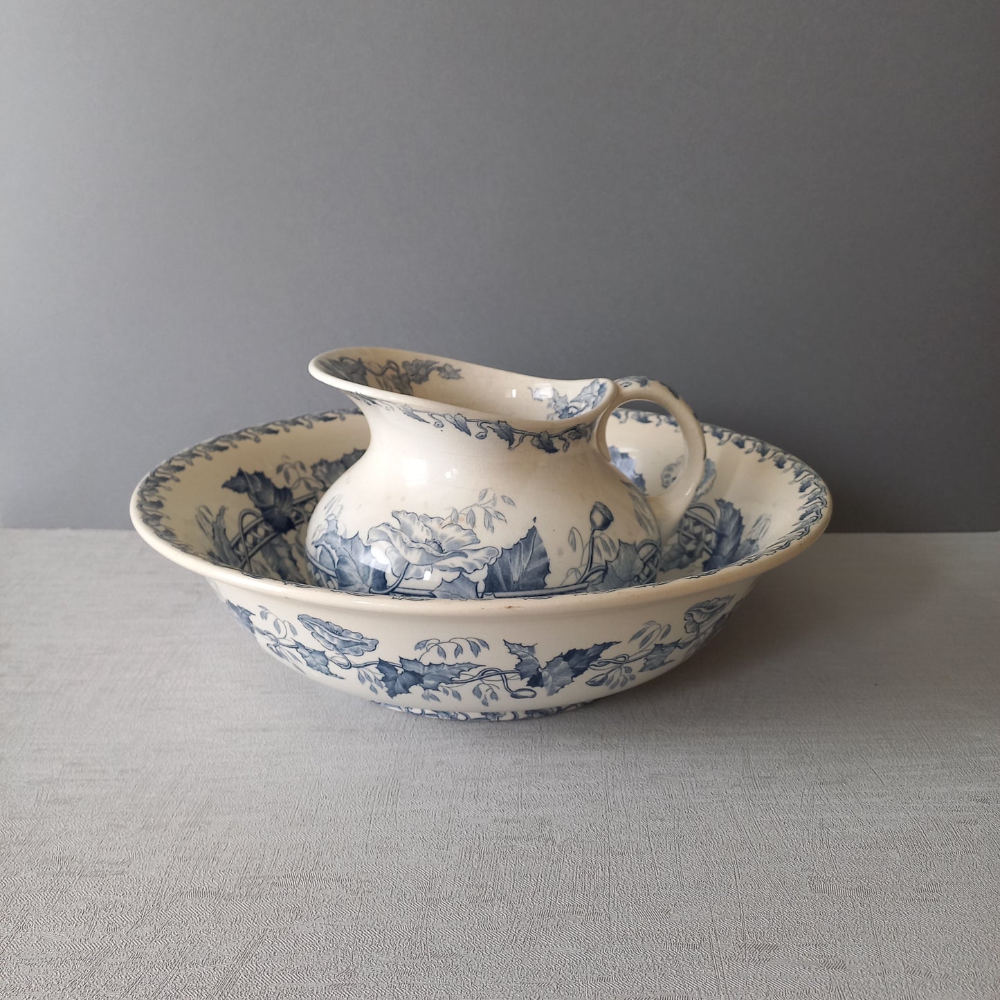 French antique ironstone pitcher and bowl wash set with blue floral pattern, Sarreguemines jug and bowl