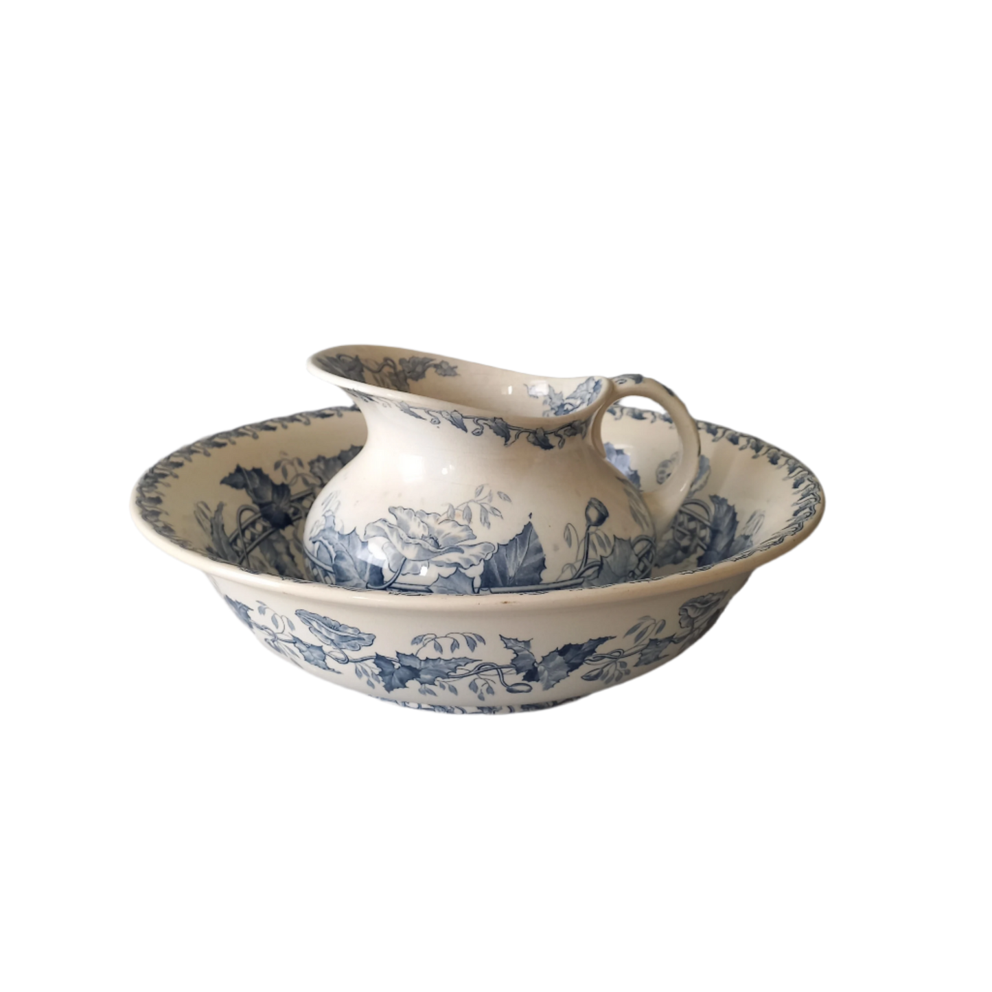 French antique ironstone pitcher and bowl wash set with blue floral pattern, Sarreguemines jug and bowl