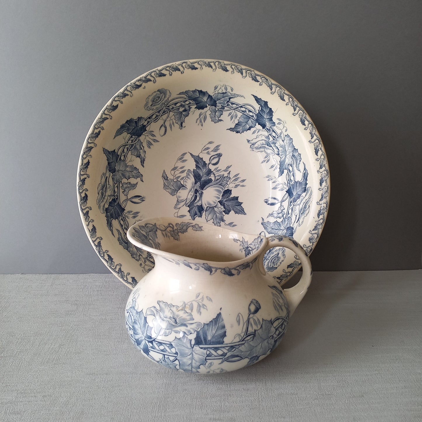 French antique ironstone pitcher and bowl wash set with blue floral pattern, Sarreguemines jug and bowl