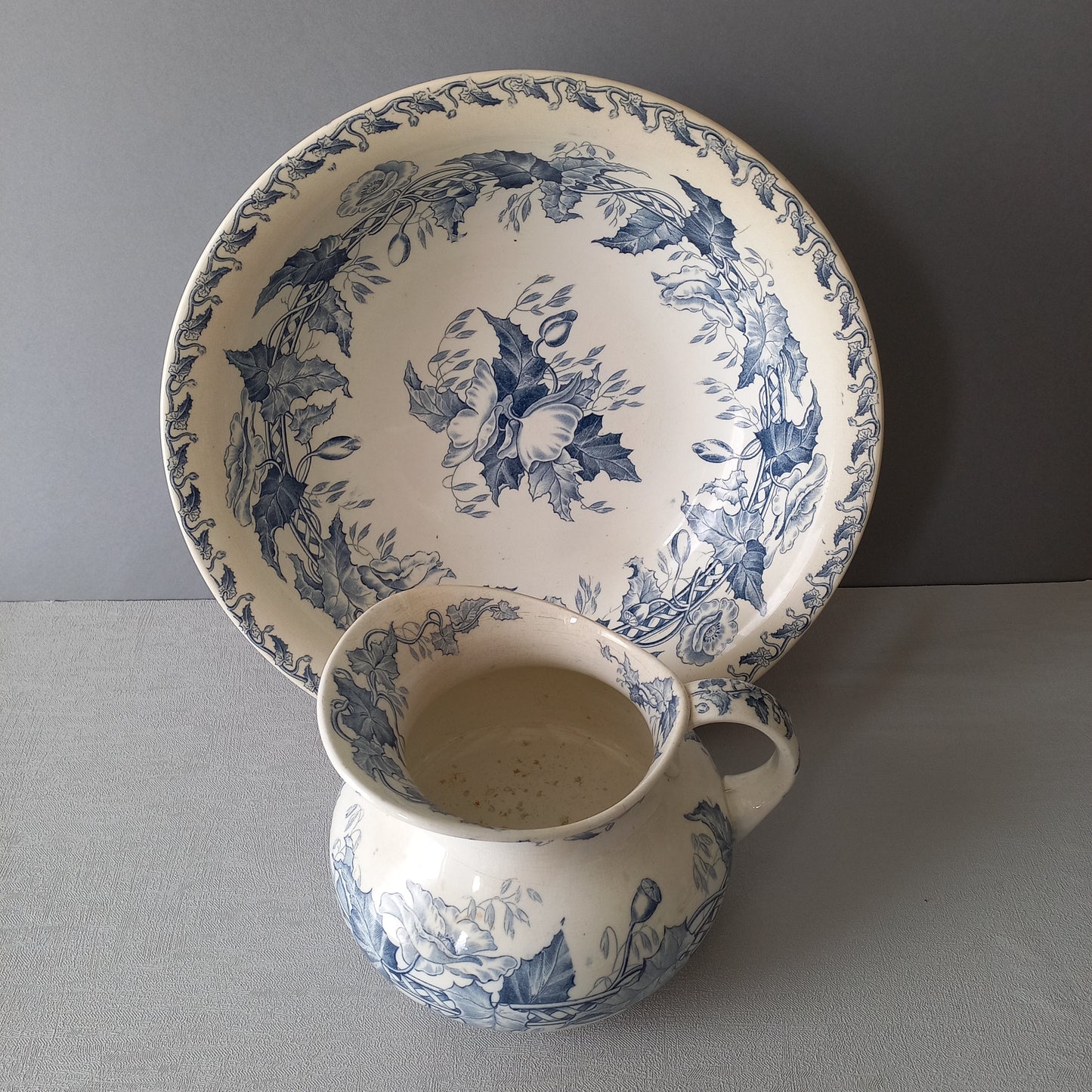 French antique ironstone pitcher and bowl wash set with blue floral pattern, Sarreguemines jug and bowl