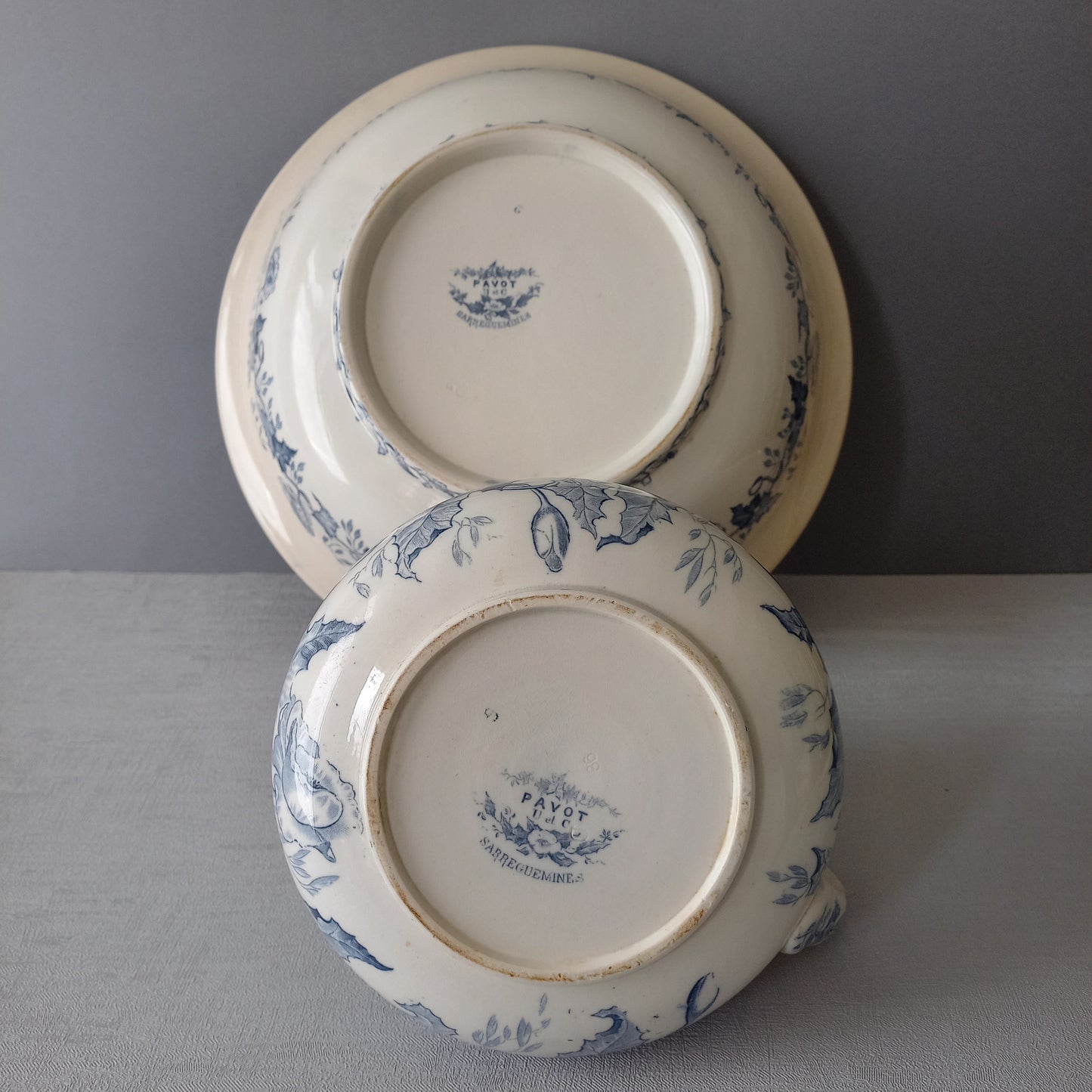 French antique ironstone pitcher and bowl wash set with blue floral pattern, Sarreguemines jug and bowl