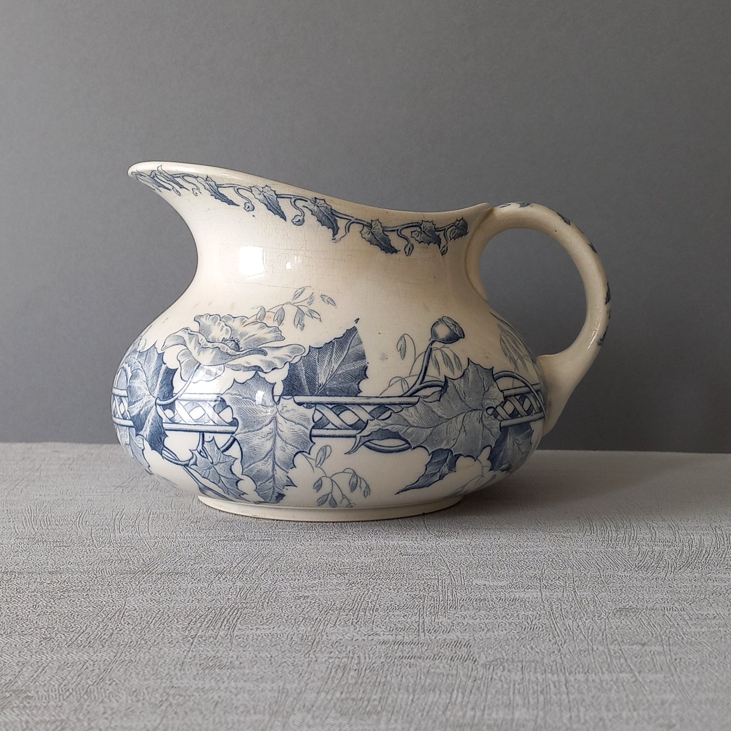 French antique ironstone pitcher and bowl wash set with blue floral pattern, Sarreguemines jug and bowl