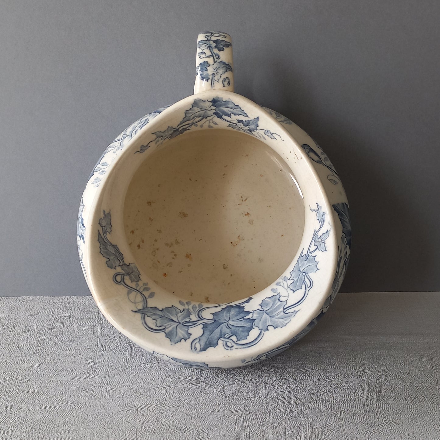 French antique ironstone pitcher and bowl wash set with blue floral pattern, Sarreguemines jug and bowl