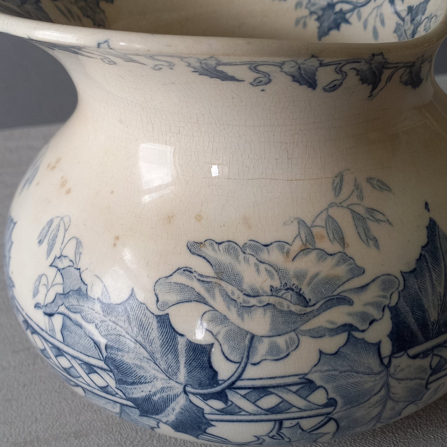 French antique ironstone pitcher and bowl wash set with blue floral pattern, Sarreguemines jug and bowl