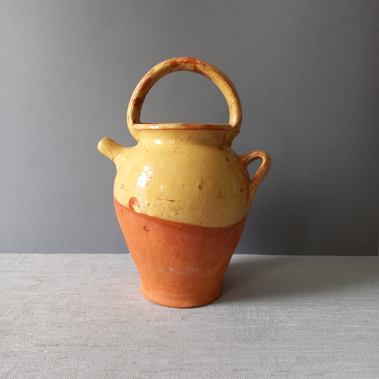 Vintage glazed pottery jug or gargoulette, country home farmhouse decor,