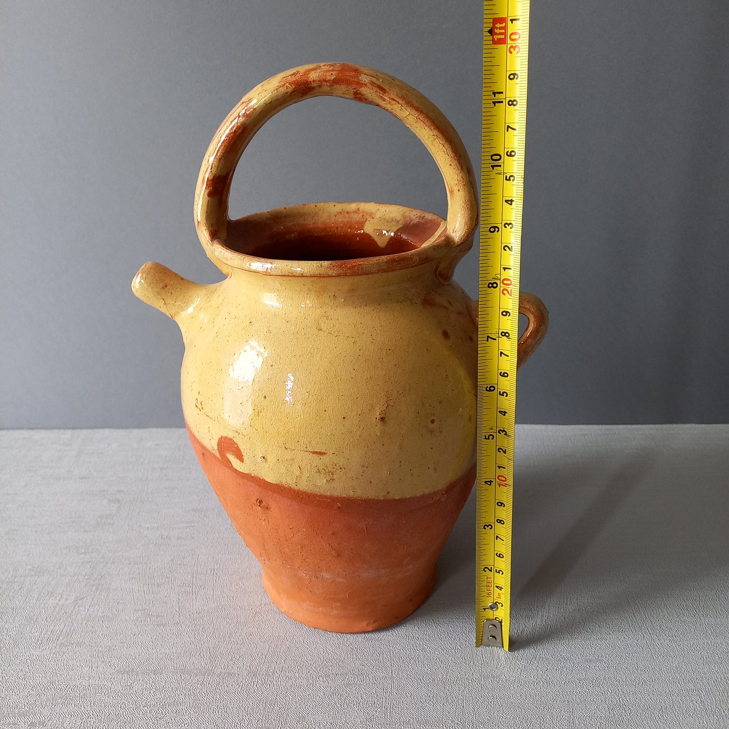 Vintage glazed pottery jug or gargoulette, country home farmhouse decor,