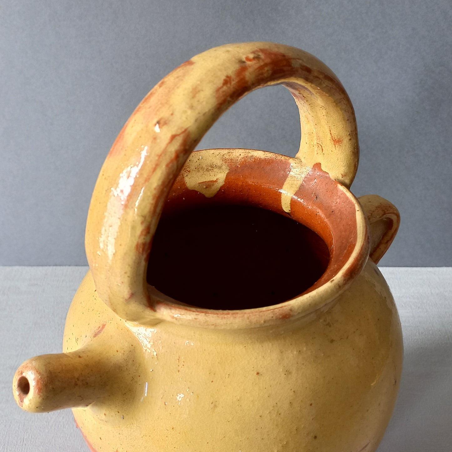 Vintage glazed pottery jug or gargoulette, country home farmhouse decor,