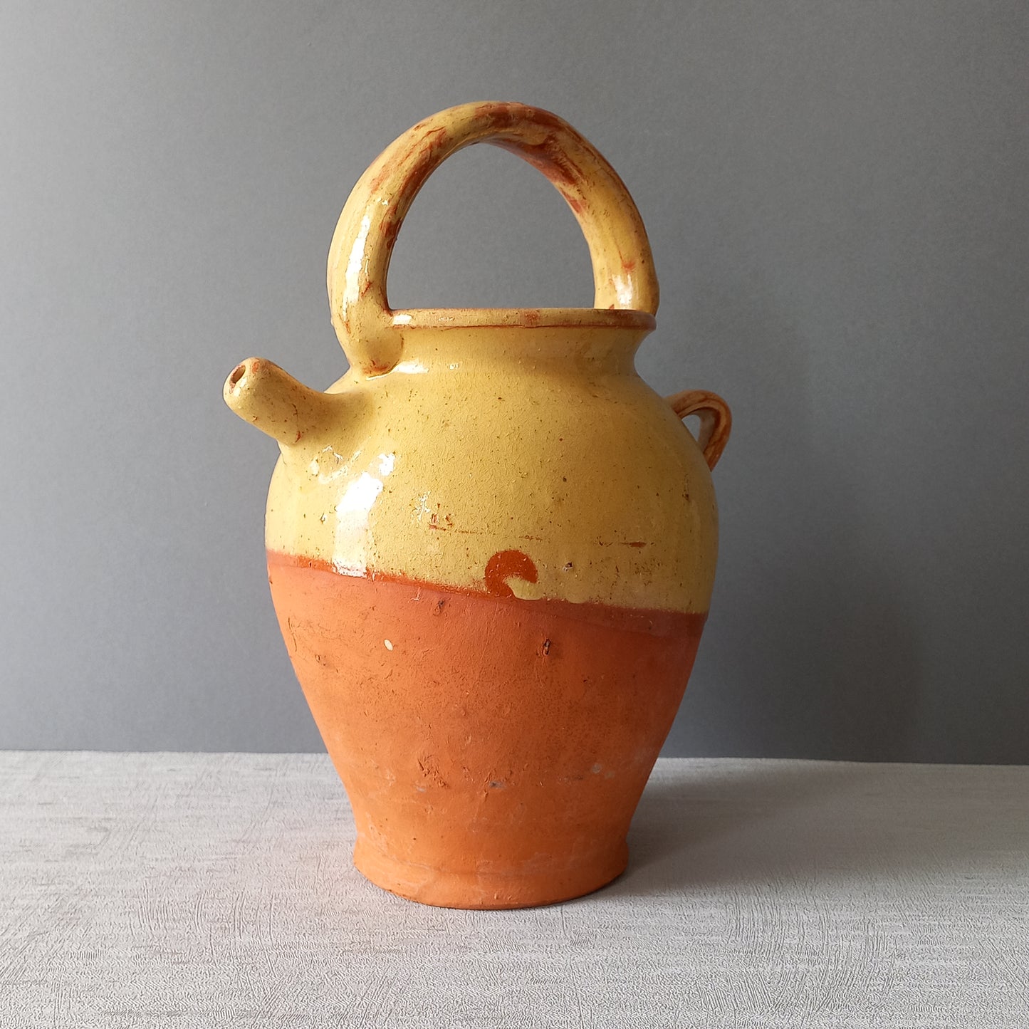 Vintage glazed pottery jug or gargoulette, country home farmhouse decor,