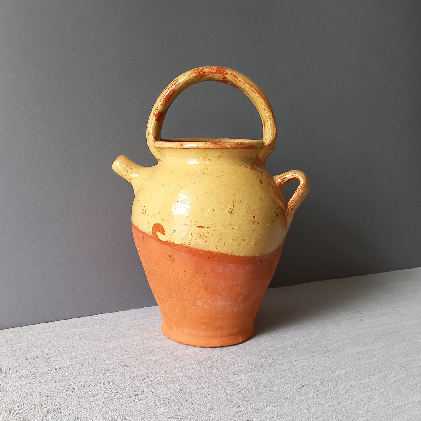 Vintage glazed pottery jug or gargoulette, country home farmhouse decor,