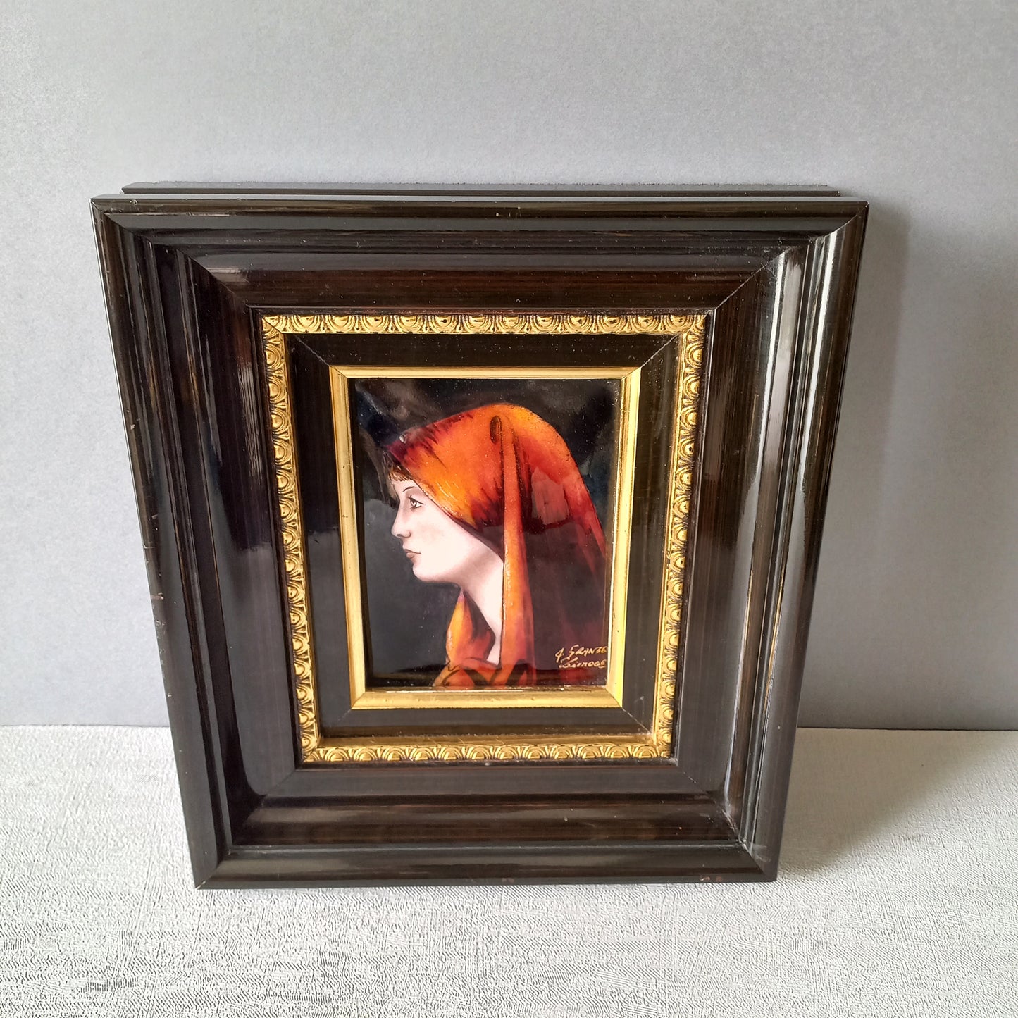 Vintage Limoges religious enamel art in frame, hand-painted enamel art