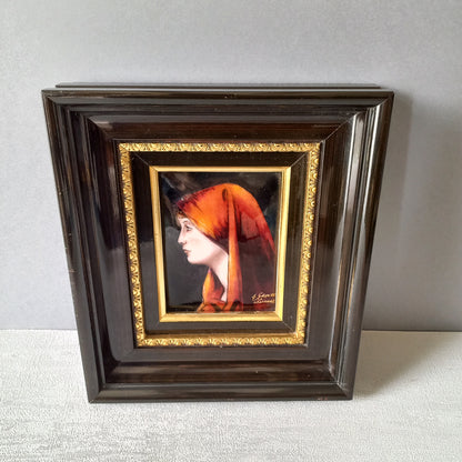 Vintage Limoges religious enamel art in frame, hand-painted enamel art