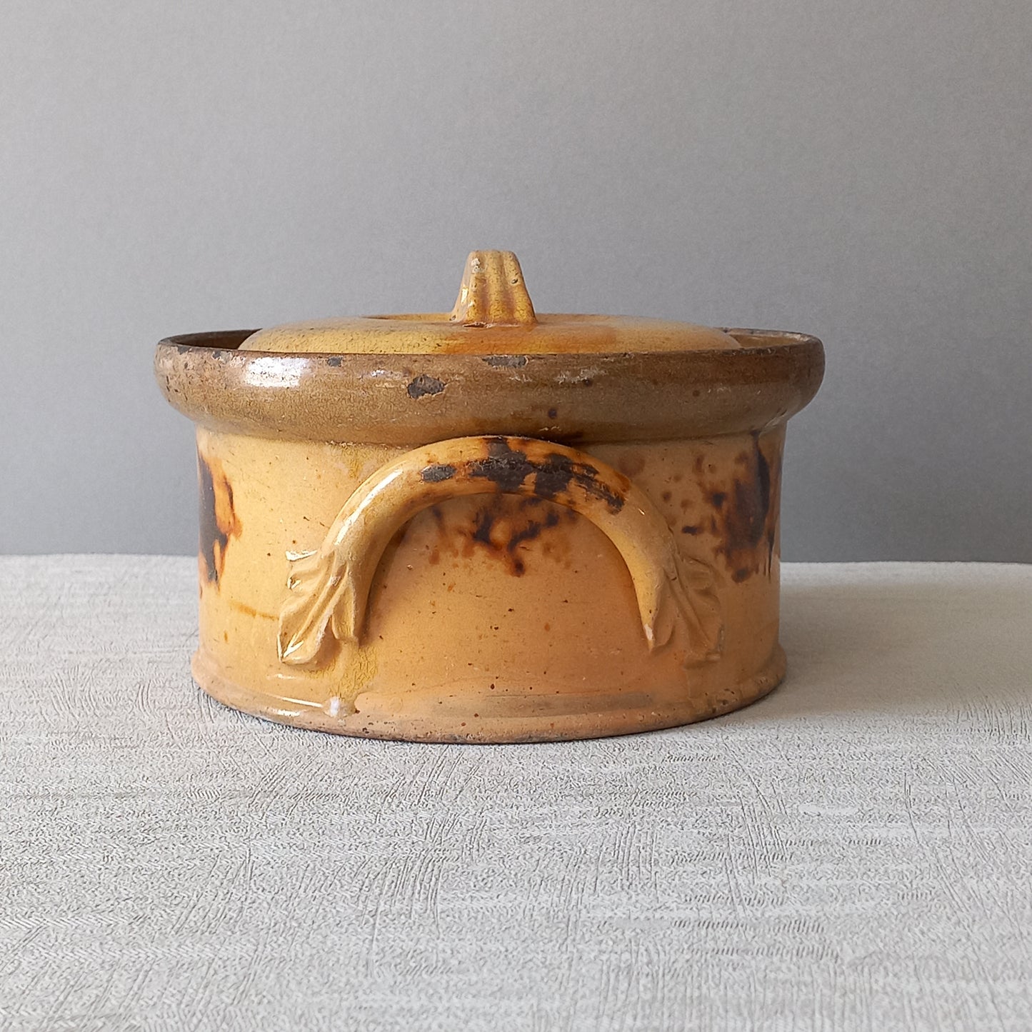 Antique casserole dish from France, ochre stoneware terrine, rustic farmhouse and country home kitchen decor