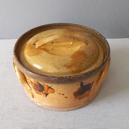 Antique casserole dish from France, ochre stoneware terrine, rustic farmhouse and country home kitchen decor